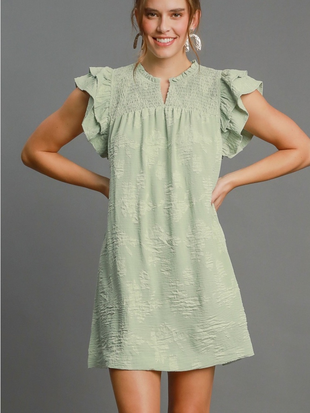 Umgee Sage Green Ruffle Sleeve Mini Dress